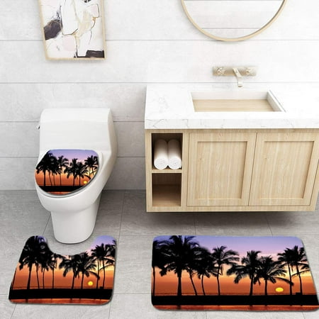 CHAPLLE Hawaiian Hawaiian Sunset on Big Island Anaehoomalu Bay Tropic Horizon Ocean 3 Piece Bathroom Rugs Set Bath Rug Contour Mat and Toilet Lid