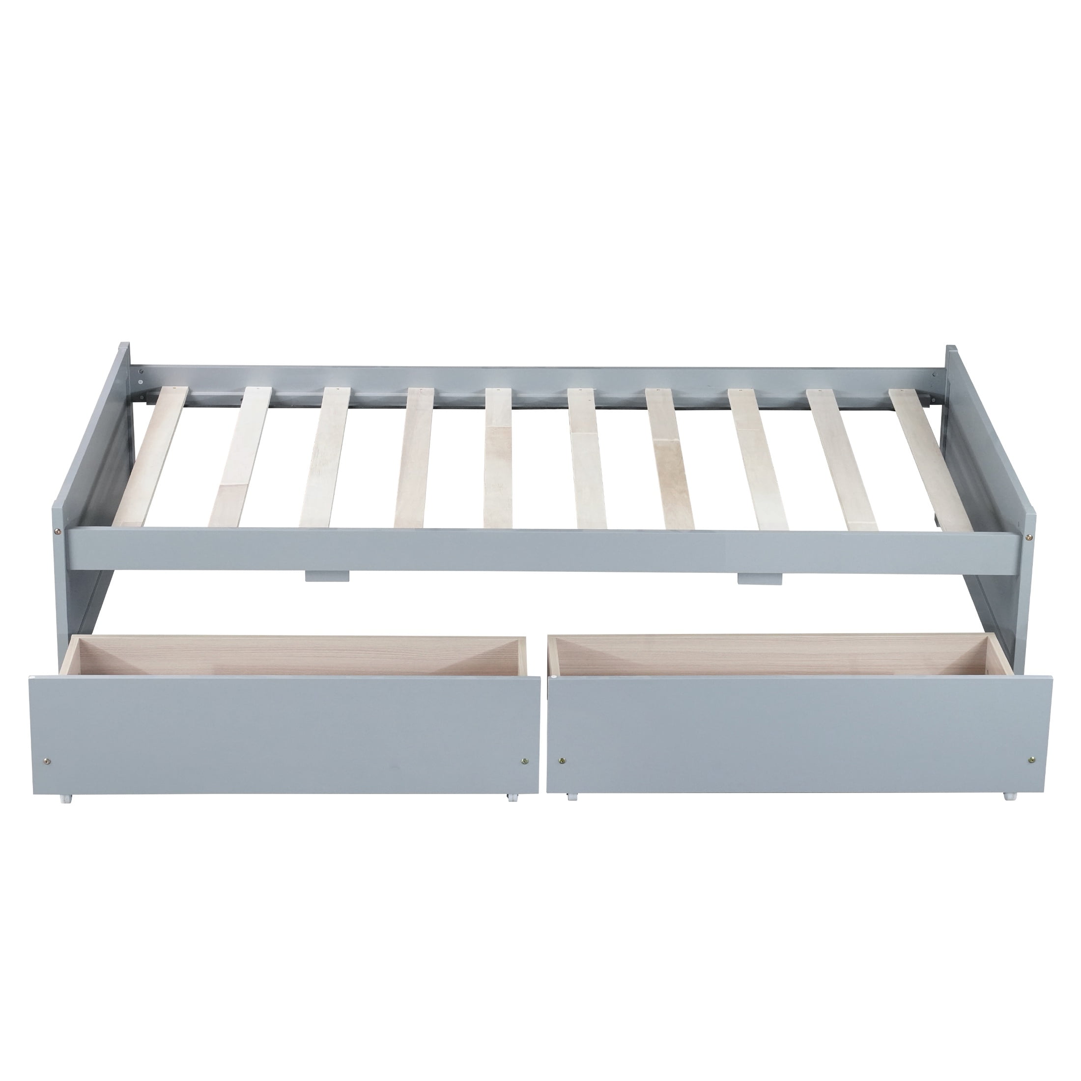 PORKISS Twin Bed Frame, Solid Wood Platform Bed with 2 Drawers, Pine Wood Bed for Kids Teens Adults, No Box Spring Needed, Grey