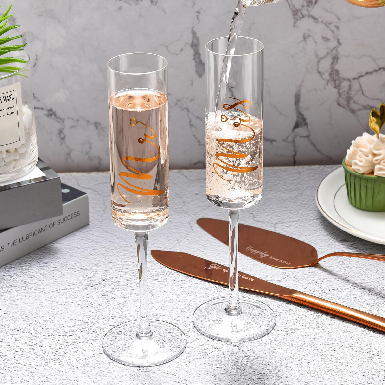Wedding Cake And Server Set  Bride Groom Mr Mrs Champagne Flutes & Forks With Giftable Box For Engagement Bridal Shower Gifts