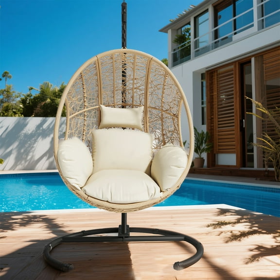 YIYADO PE Wicker Hanging Egg Chair, Outdoor Indoor Swing Seat with Cushion, Natural Color Rattan
