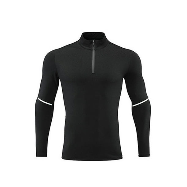 LUXUR Mens Sport T Shirt Stand Collar Gym Tops Cool Dry Compression Shirts  Casual Tee Long Sleeve Muscle T-shirt Black S 