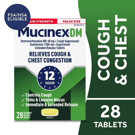 Mucinex DM 12 Hour Max Strength Expectorant & Cough Medicine, Excess Mucus Relief, FSA, 28 Tablets