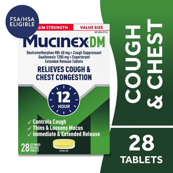 Mucinex DM 12 Hour Max Strength Expectorant & Cough Medicine, Excess Mucus Relief, FSA, 28 Tablets