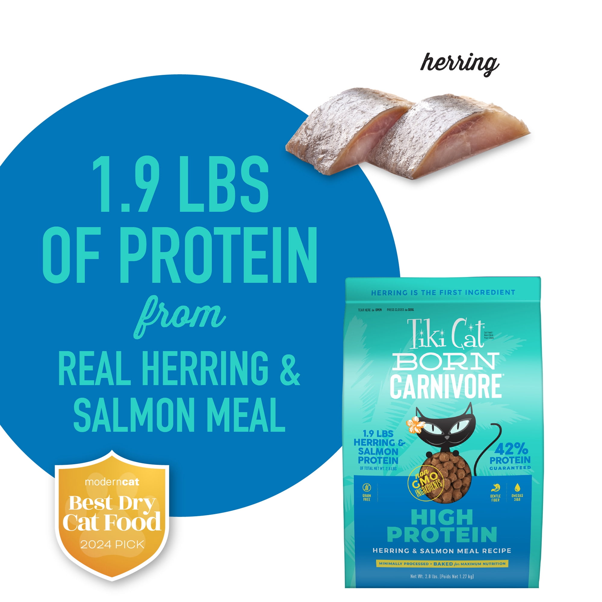 Tiki Cat Born Carnivore High Protein Dry Cat Food, Herring & Salmon Meal, 2.8 lbs. Bag