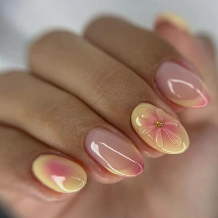 Press on Nails Short Almond French Tip Fake Nails False Nails with Designs 3D Flower Yellow & Pink Stick on Nails Glossy Glue on Nails Acrylic Nails for Women Girls 24 Pcs