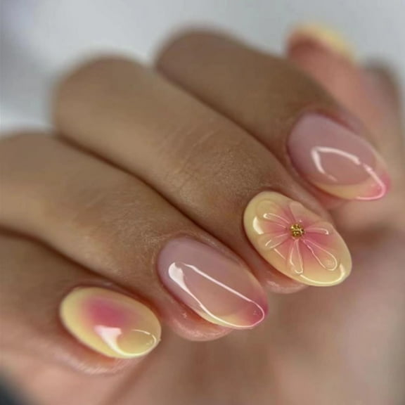 Press on Nails Short Almond French Tip Fake Nails False Nails with Designs 3D Flower Yellow & Pink Stick on Nails Glossy Glue on Nails Acrylic Nails for Women Girls 24 Pcs