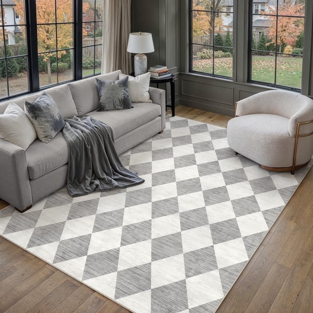 BERTHMEER 5'x7' Area Rugs for Living Room Bedroom Kitchen Rugs Washable Non Slip Geometric Rhombus Checkered Contemporary Office Dining Room Farmhouse Rugs Tapis Carpets,Gray