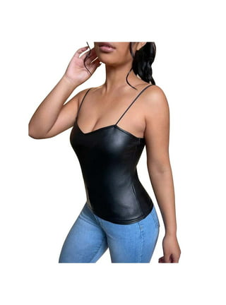 Women's Bodycon Crop Tops Faux Leather Sleeveless Square Neck PU Leather  Crop Tank Tops Streetwear (Black, S) at  Women's Clothing store
