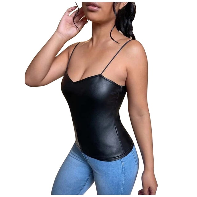 Camiseta Sin Mangas Para Mujer, Camisola Con Cuello en V, Chaleco de Cuero Delgado Para Club Nocturno Odeerbi ODB155422