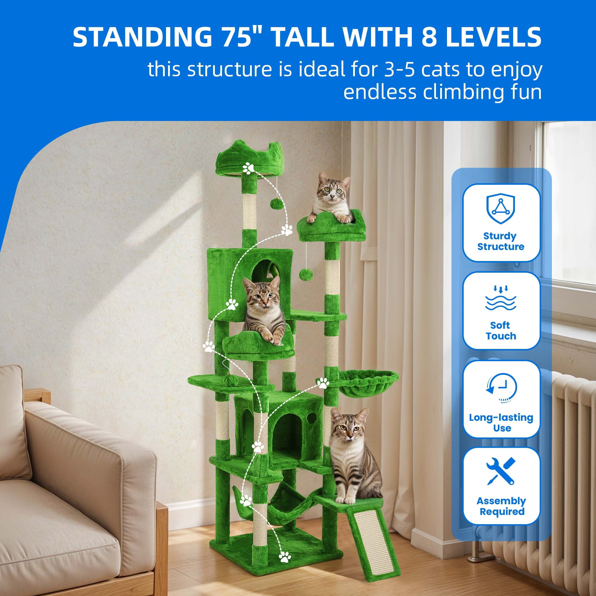 Dextrus 75" Tall Cat Tree for Large Cats, Multi-Level Play Tower Condo with Sisal Ramp Scratching Post & Hammocks, Green