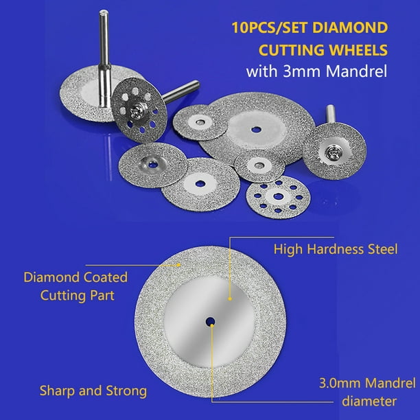 Amdohai 10pcs/set Diamant Cutting Wheels avec 3mm Diamant de Mandrin Disques  de Coupe Jeu de Roue de Coupe Remplacement pour Outil Rotatif Dremel avec  Boîte de Stockage 