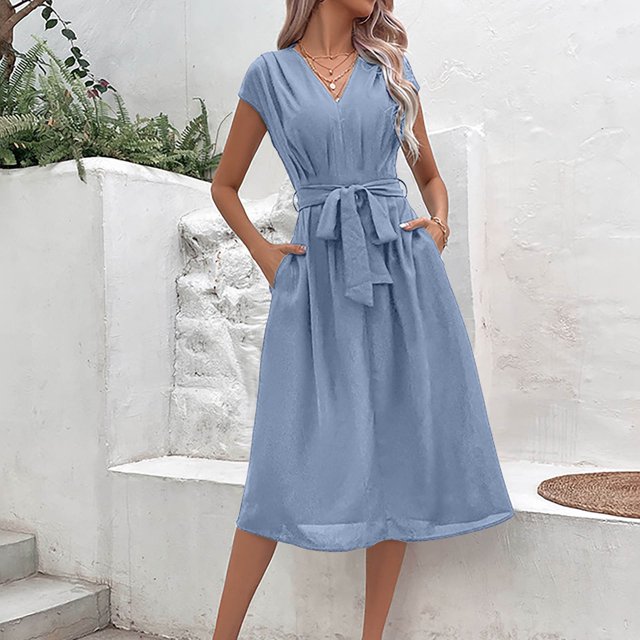 Liquidation et Promo, Robe à Manches Courtes Ample à Col Rond pour Femme, Robe à Manches Courtes, Robe Ample à Col Rond, Robe Tendance Pièce de Mode Intemporelle/100 % Polyester, Bleu Pâle