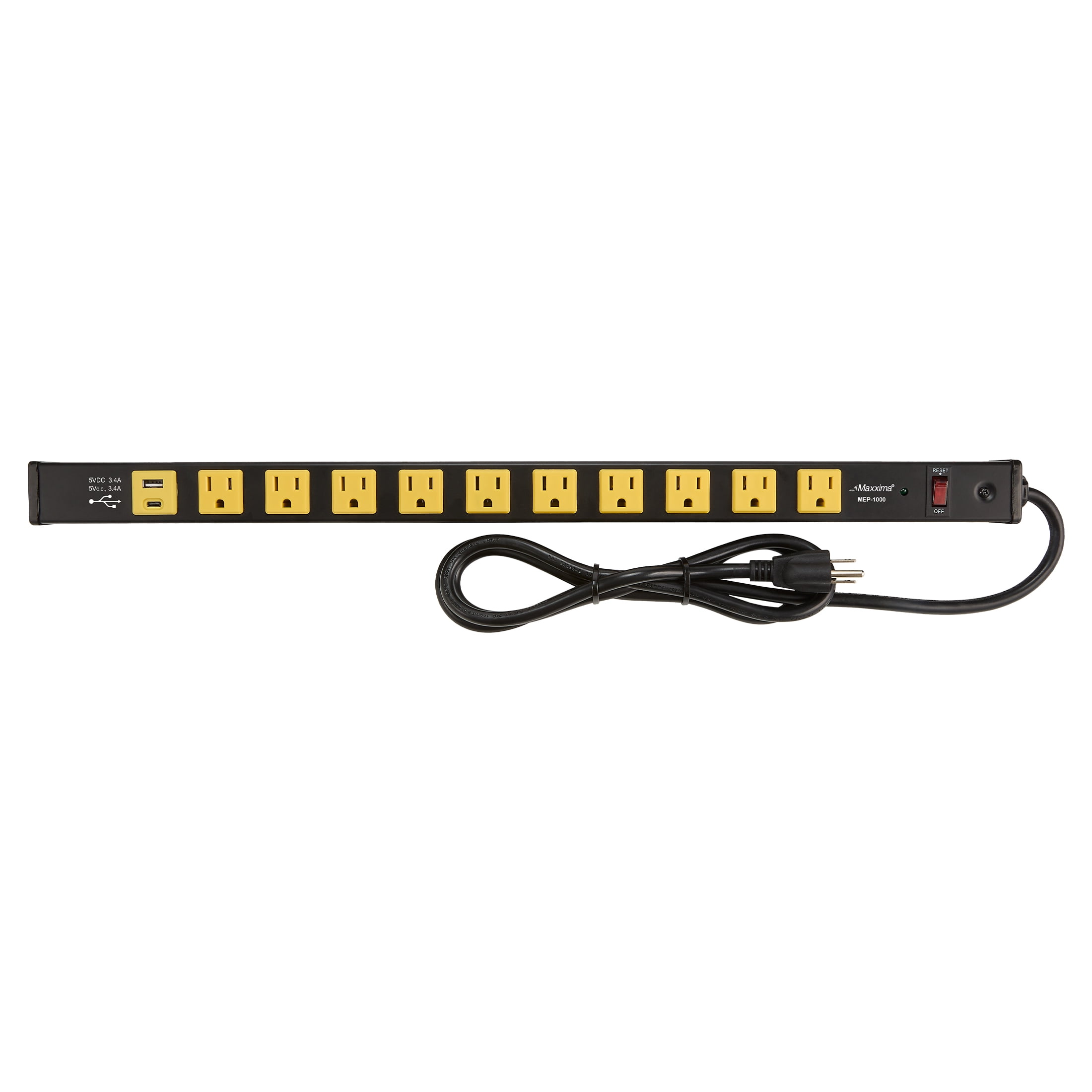 Maxxima 10 Outlet Heavy Duty Power Strip with USB Type-C/A Charging Ports, 1000J Surge Protection, 6ft. Extension Cord, 15A