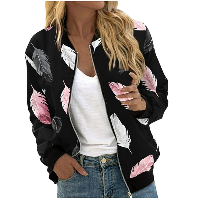 Kvture Vestes Bombers pour Femmes Fermeture Éclair Complète Manches Longues Col Rond Manteaux Imprimé Floral Veste Décontractée Ample Légère Automne Tendance avec Poches