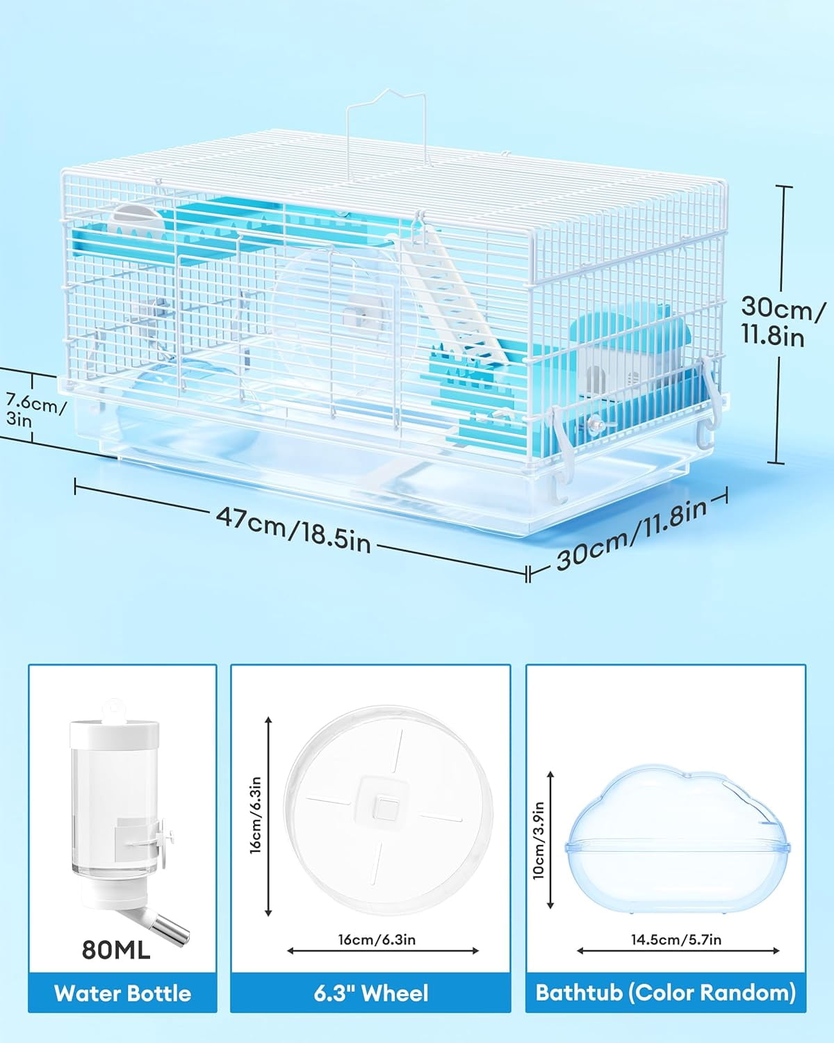 3 Levels Small Hamster Cage with Accessories, 8-in-1 Small Animal House for Dwarf Hamsters, Mice, Gerbils (18.5"x11.8"x11.8")