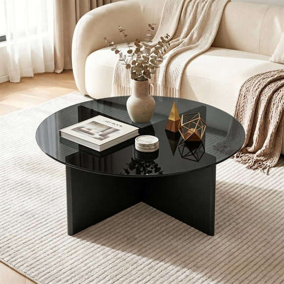 Daluvenix 23.6" Round Glass Coffee Table, Modern Tea Table, Tempered Glass Top Solid Crossed Base, Easy Assembly for Living Room, Apartment and Office, Black