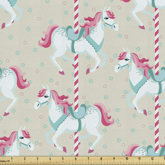 Ambesonne Horses Fabric by the Yard Upholstery, Carousel Festival Motif, 2 Yards, Beige Seafoam Pink