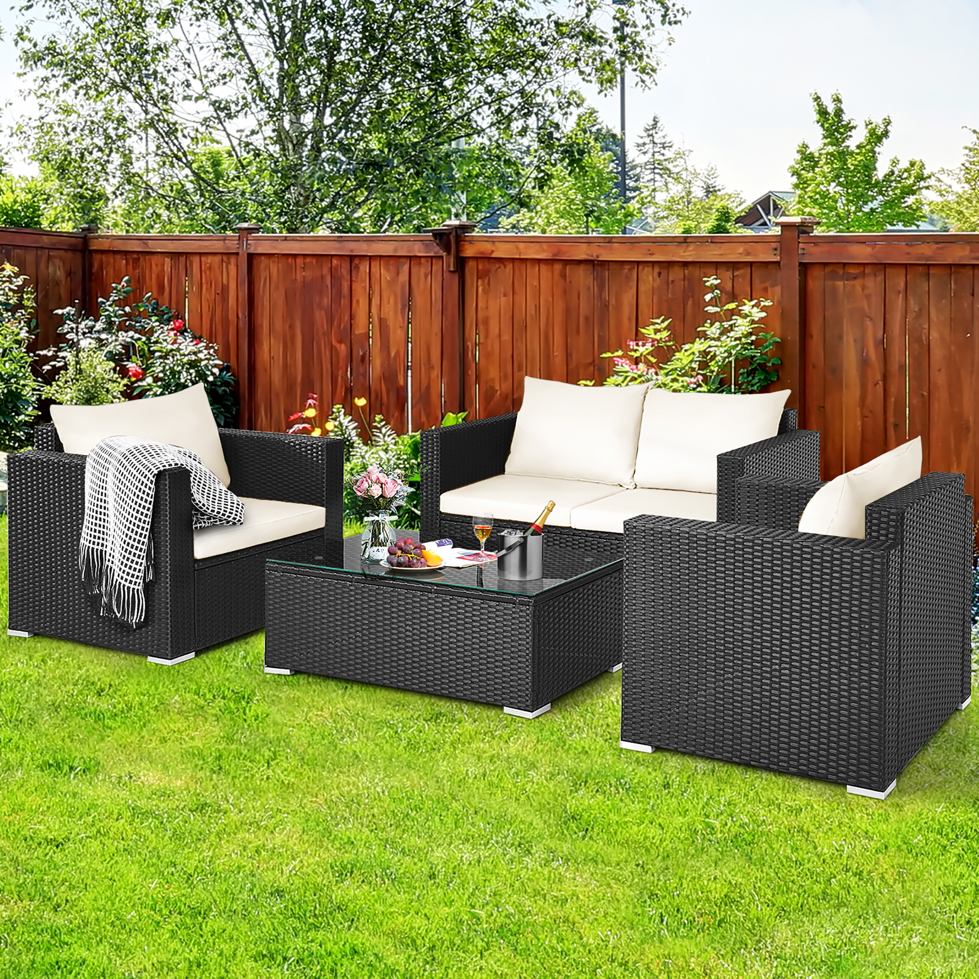 Costway 4PCS Patio Rattan Furniture Set Cushioned Sofa Chair Coffee Table Off White - image 2 of 9