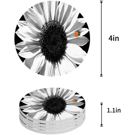 

ZHANZZK Sunflower Ladybug Black and White Set of 6 Round Coaster for Drinks Absorbent Ceramic Stone Coasters Cup Mat with Cork Base for Home Kitchen Room Coffee Table Bar Decor