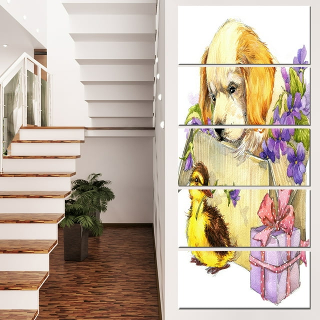 Cute Puppy Dog and Duck - Contemporary Animal Art Canvas
