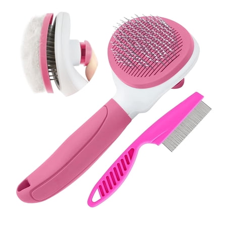 Self-cleaning cat/dog brush with release button stainless steel comb for loose hair & tangles. Gentle skin massage non-slip handle. For indoor pets