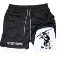 thumbnail image 1 of Pantalones cortos de compresión de Anime para hombre, ropa deportiva de verano, 2 en 1, entrenamiento, Fitness, 1 of 5
