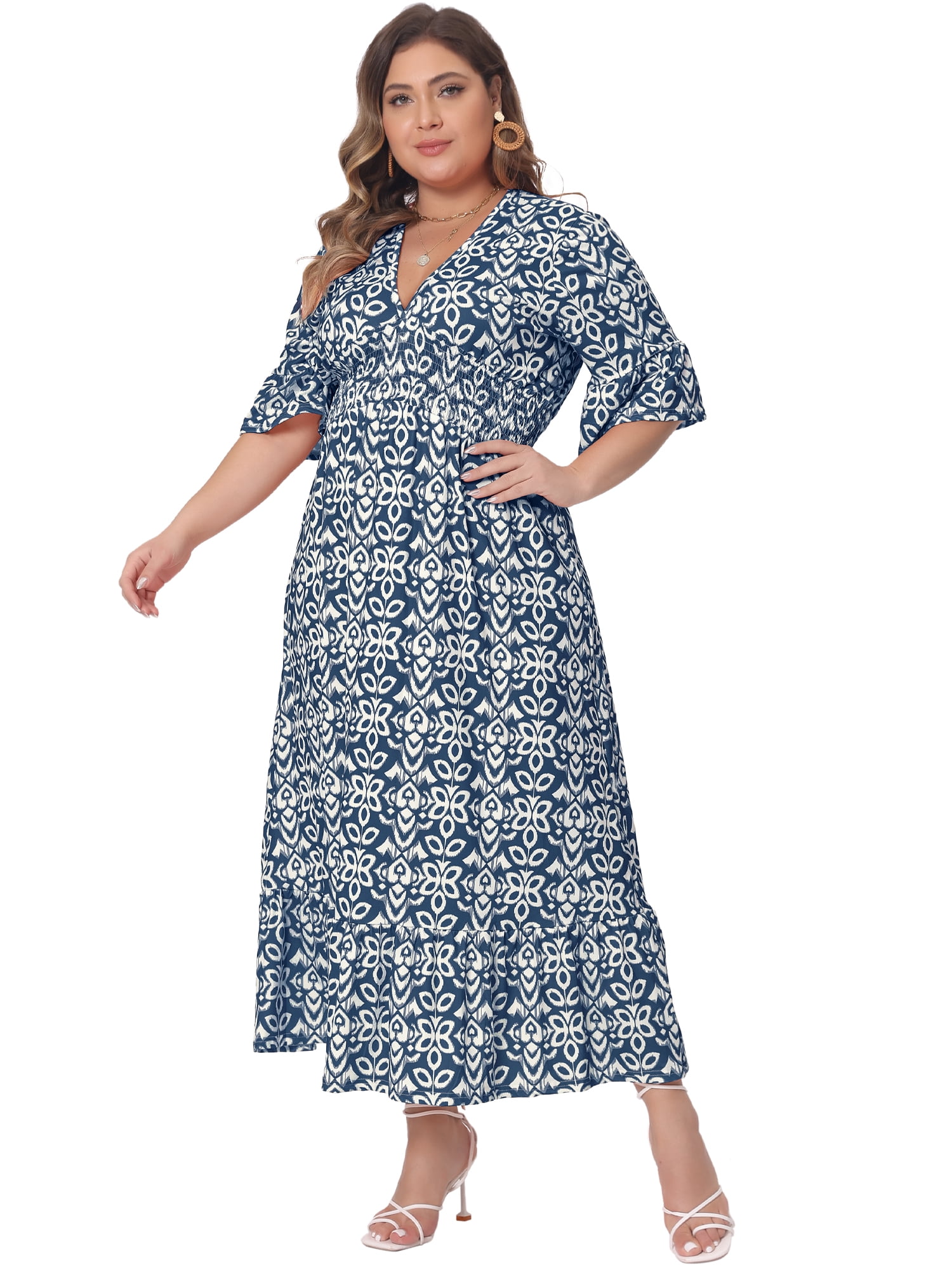 DARING DIVA Women's Plus Size Bell Sleeve Ruffled Hem Boho A Line Dress 2X Navy Blue