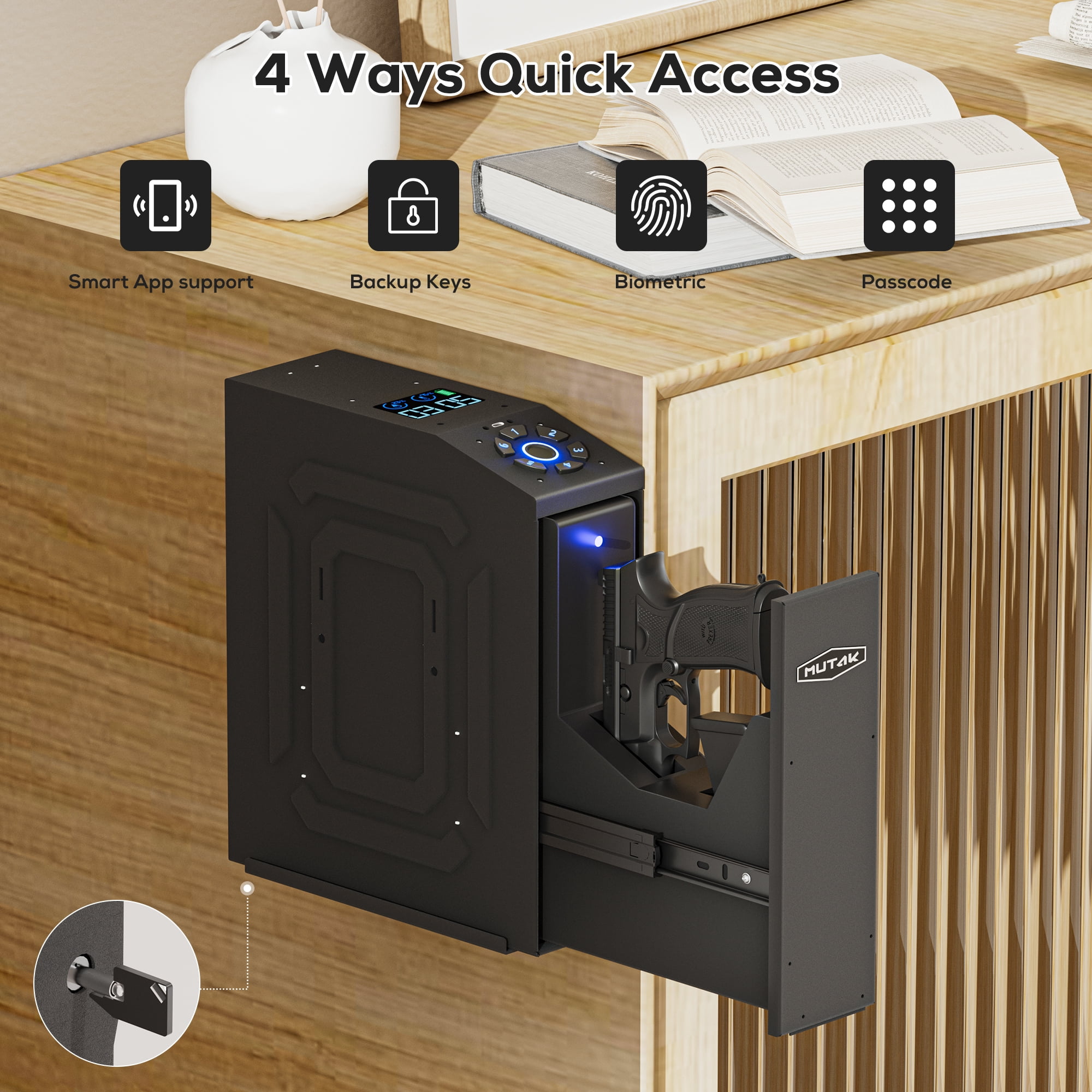 MUTAK Biometric Gun Safe for Handgun with LCD Screen for Nightstand, Desk, Bed Side,Truck - Auto Sliding Door Hand Gun Safe for Pistol with APP/Fingerprint/PIN Code/KEY