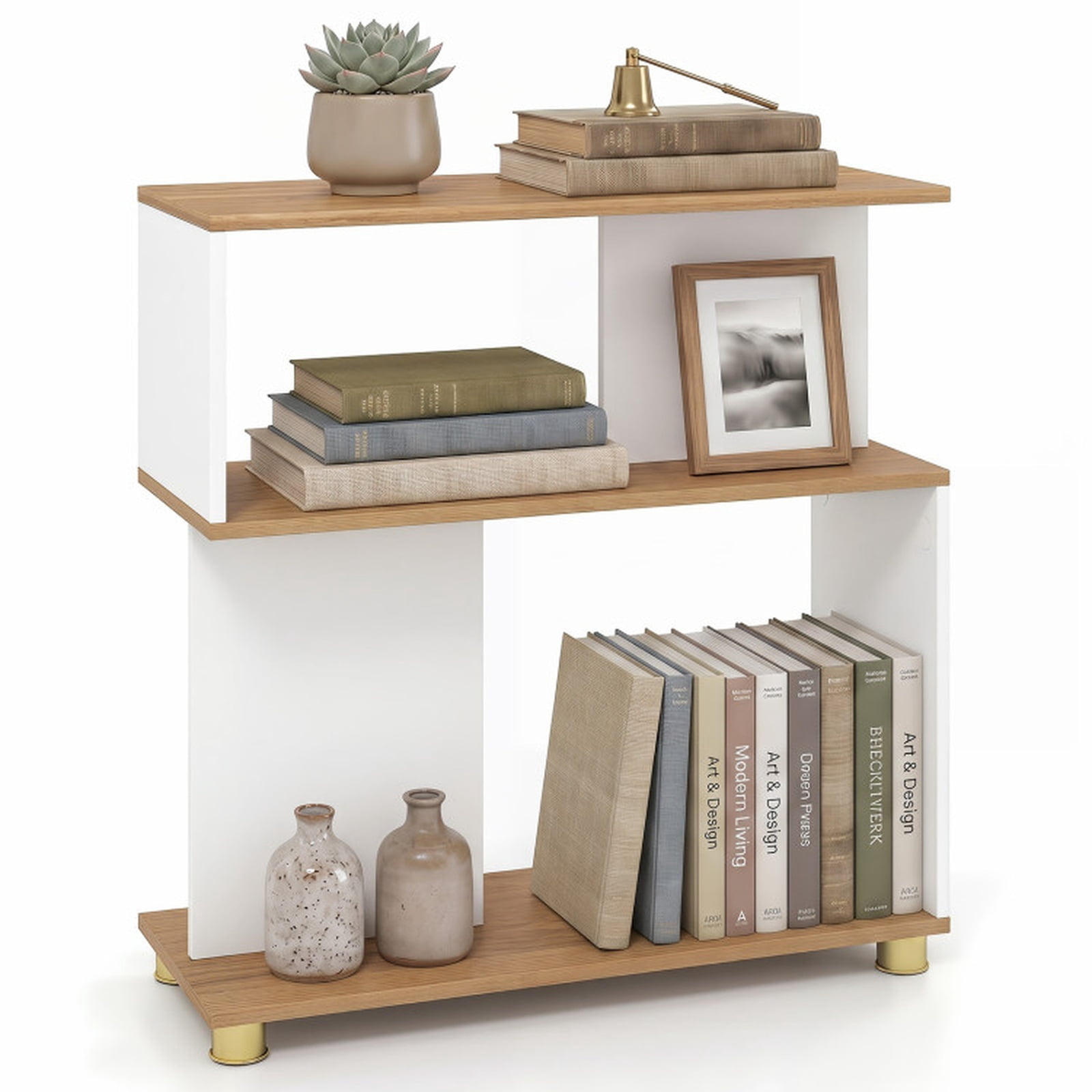 Furnibear 3-Tier Modern S-Shaped Bookshelf with Reversible Design Adjustable Feet and Anti-Tipping Kits for Living Room and Study, White