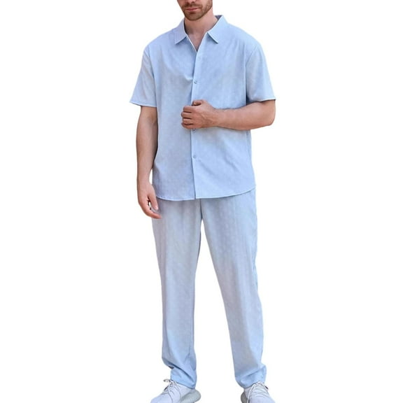 Jessboyy Men's Clothing Sets 2 Piece Outfits Casual Textured Solid Color Short Sleeve Button Down Shirts and Pants Sets Vacation Going Out Outfit Sky Blue,XL