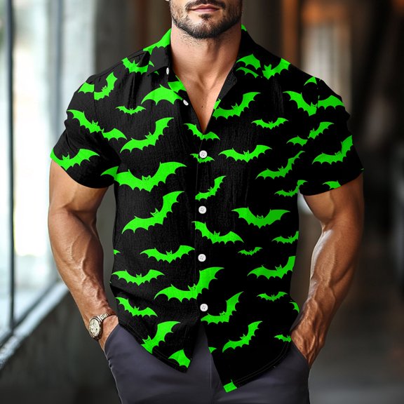 Halloween Mens Short Sleeve Button Down Shirts Funny Halloween Print Regular Collared Novelty Holiday Shirt for Men