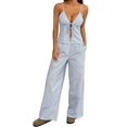 thumbnail image 3 of Women'S 2 Piece Outfit Lace-Up Sleeveless Backless Tank Top and Wide Leg Drawstring Pants Set Club Outfit Blue XL, 3 of 9