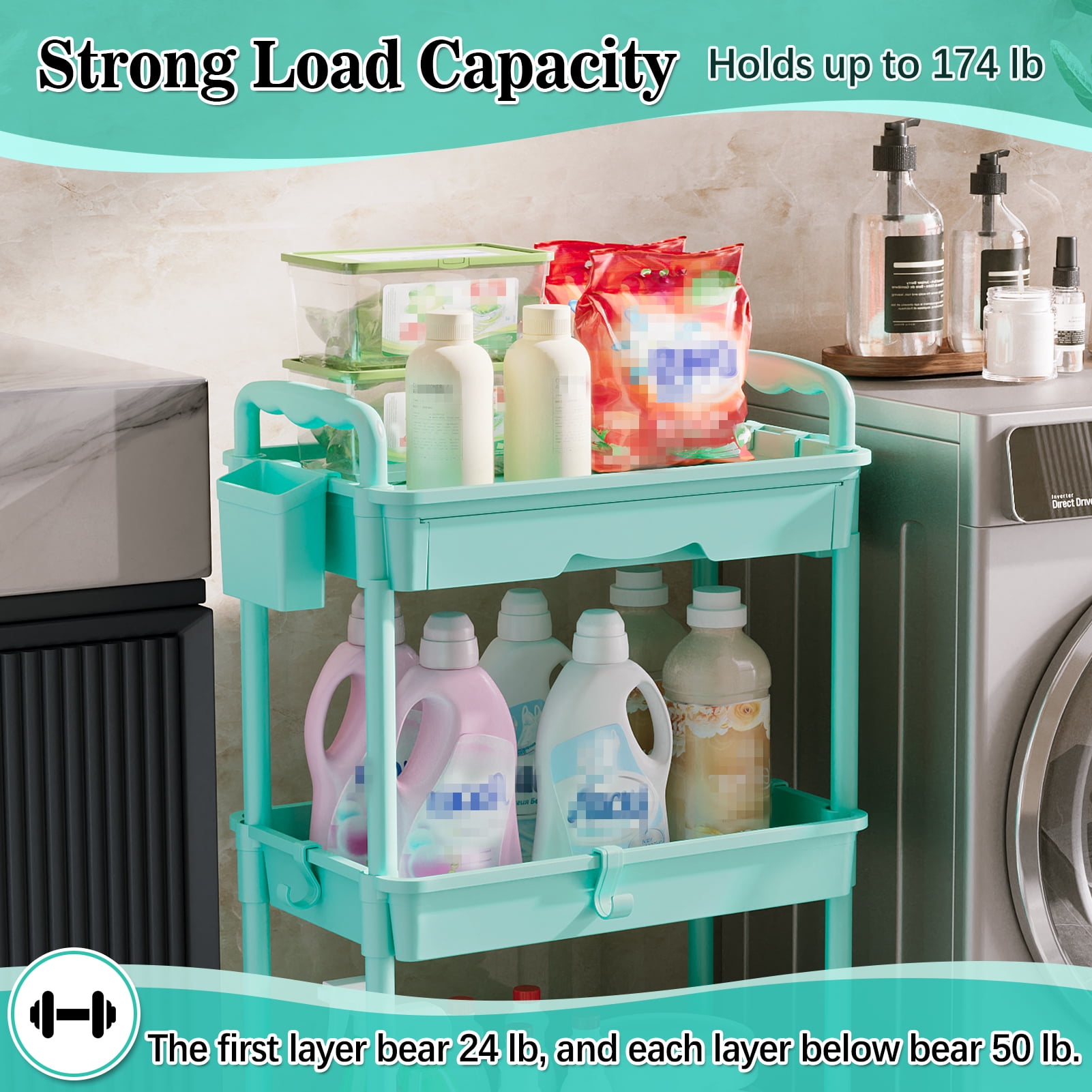 3 Tier Rolling Utility Cart with Removable Drawer, Bathroom Storage Organizer with 2 Lockable Wheels, Mobile Shelving Unit for Kitchen, Office, Snack, Craft, Makeup, Baby Essentials, Blue