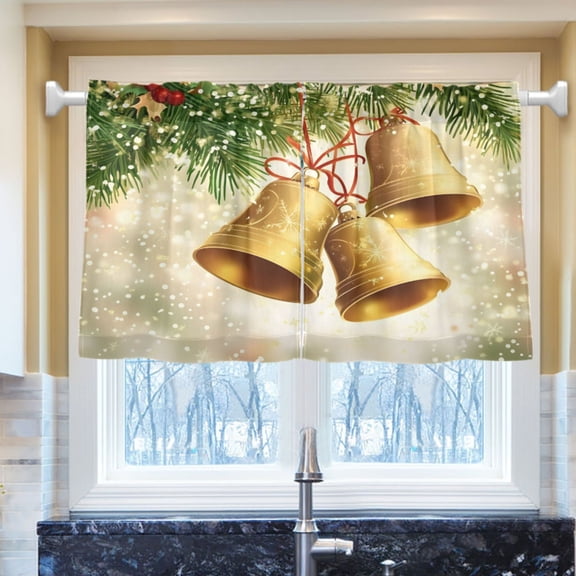 Ryvnso Christmas with Bells Half Curtains Sets Tier 2 Panels Short Curtain Rod Pocket 27"W x 24"L