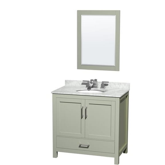 36 in. Sheffield Single Bathroom Vanity with White Carrara Marble Countertop, Undermount Oval Sink, Brushed Nickel Trim & 24 in. Mirror - Light Green