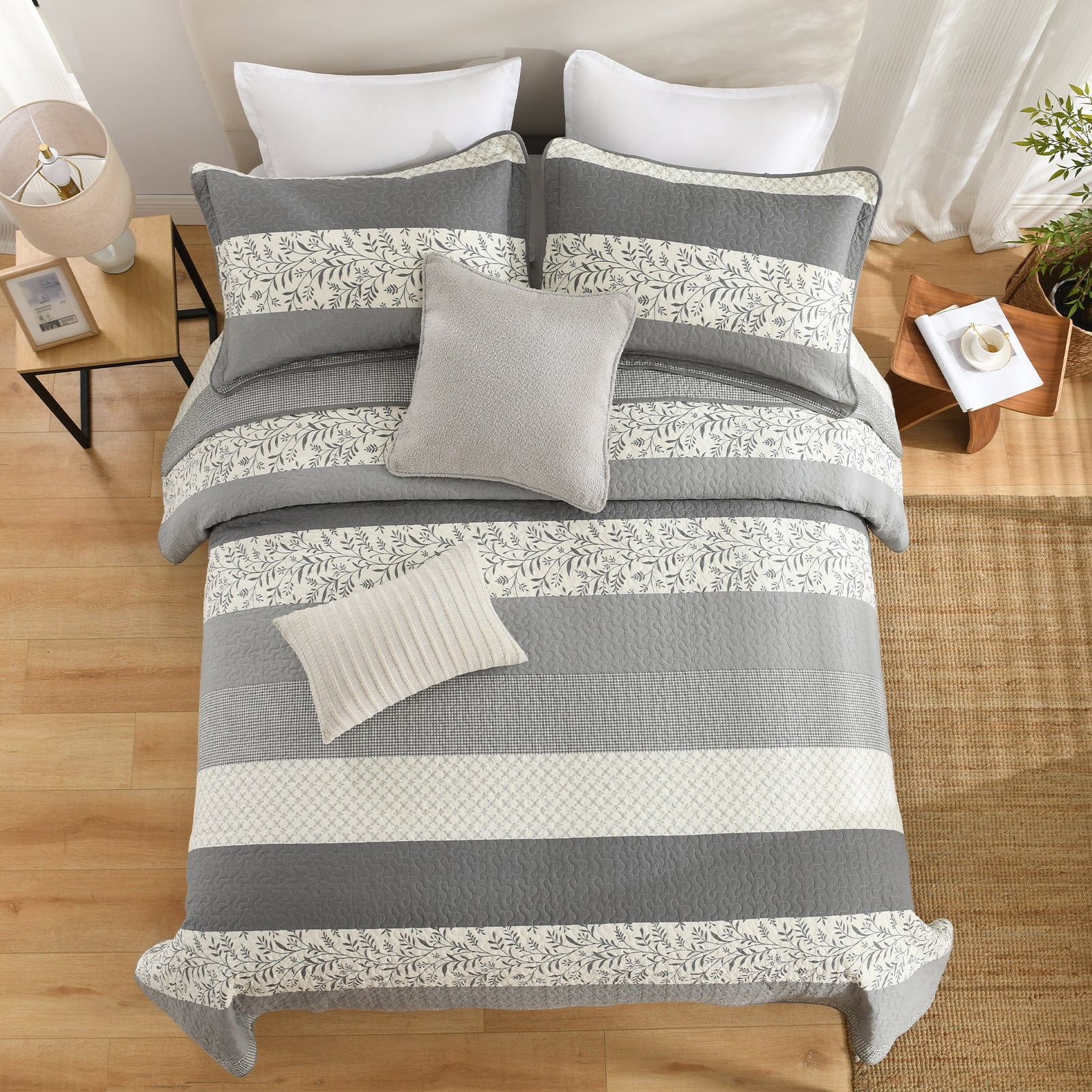 Y-PLWOMEN 100% Cotton Quilt King Size - Gray Striped Lightweight Beige Quilt, Floral Quilted Bedspread Lightweight Comforter Set, Soft Bed Spread for King Bed with Pillow Shams