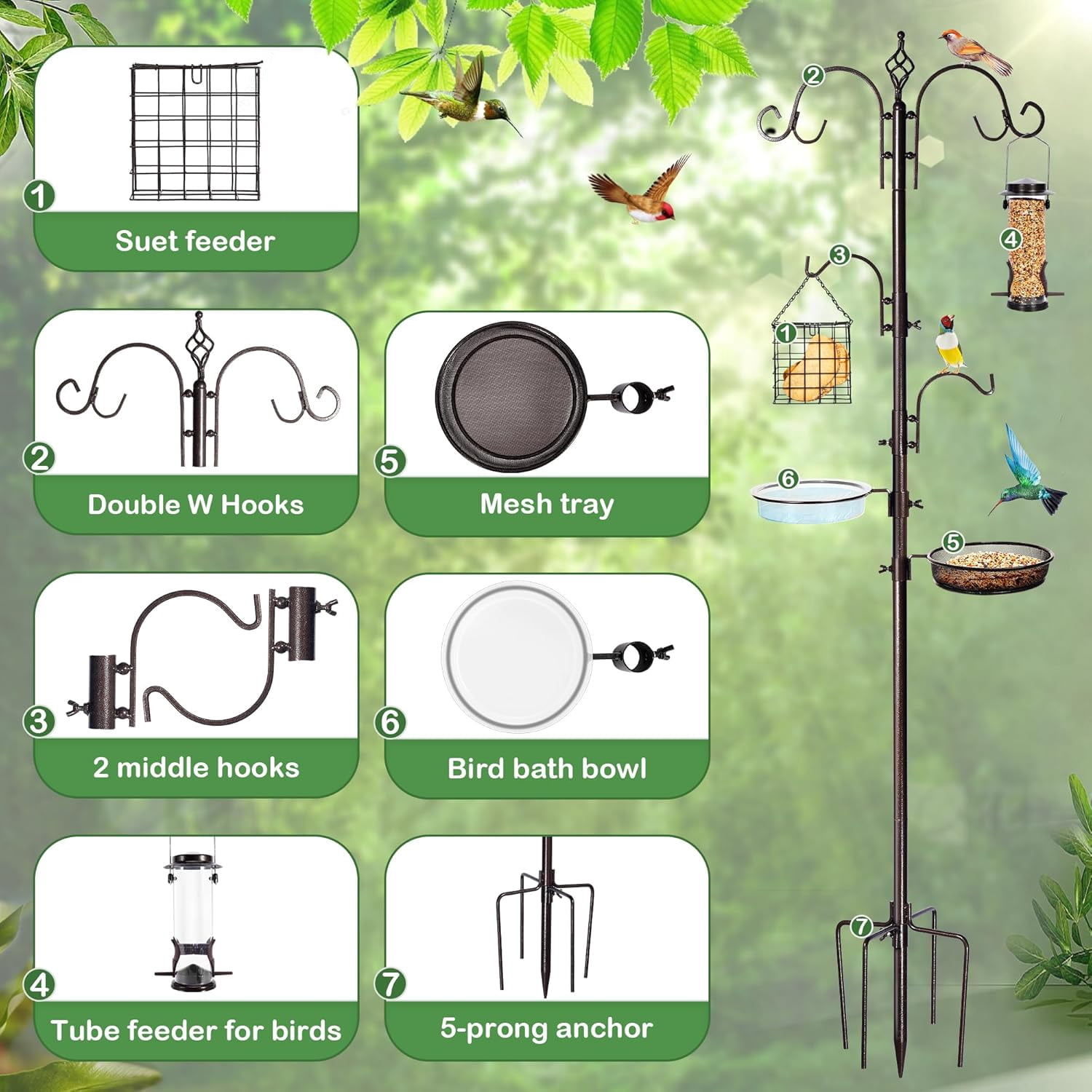 6-Hook Bird Feeding Station Kit Wild Bird Feeder Stand Pole, Multi-Feeder Hanging Kit Stand with Water Bowl