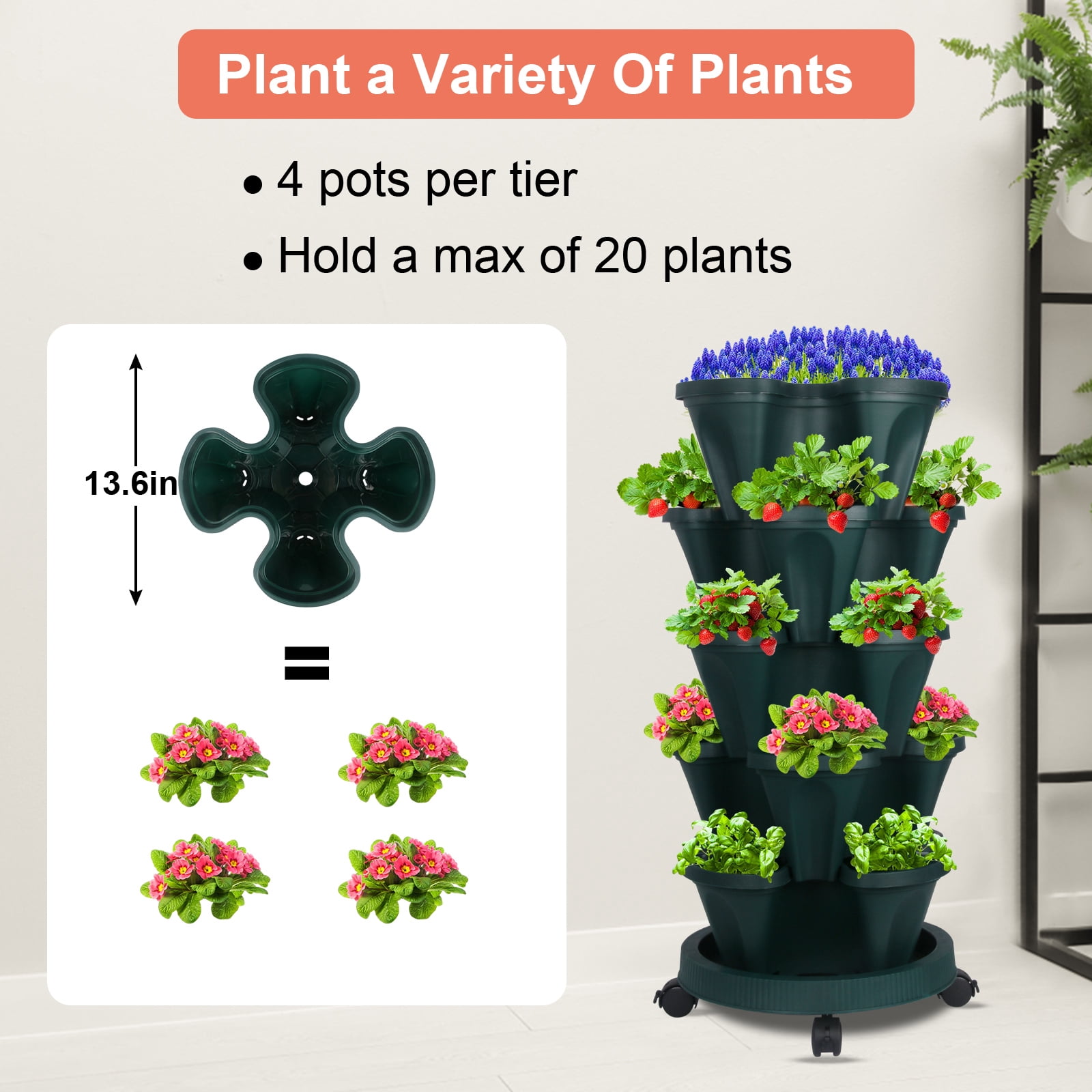 Gamexcel 5 Tier Stackable Tower Planter for Strawberry, Herb, Flower, and Vegetable - Vertical Garden Indoor/Outdoor Planter,Pine Green