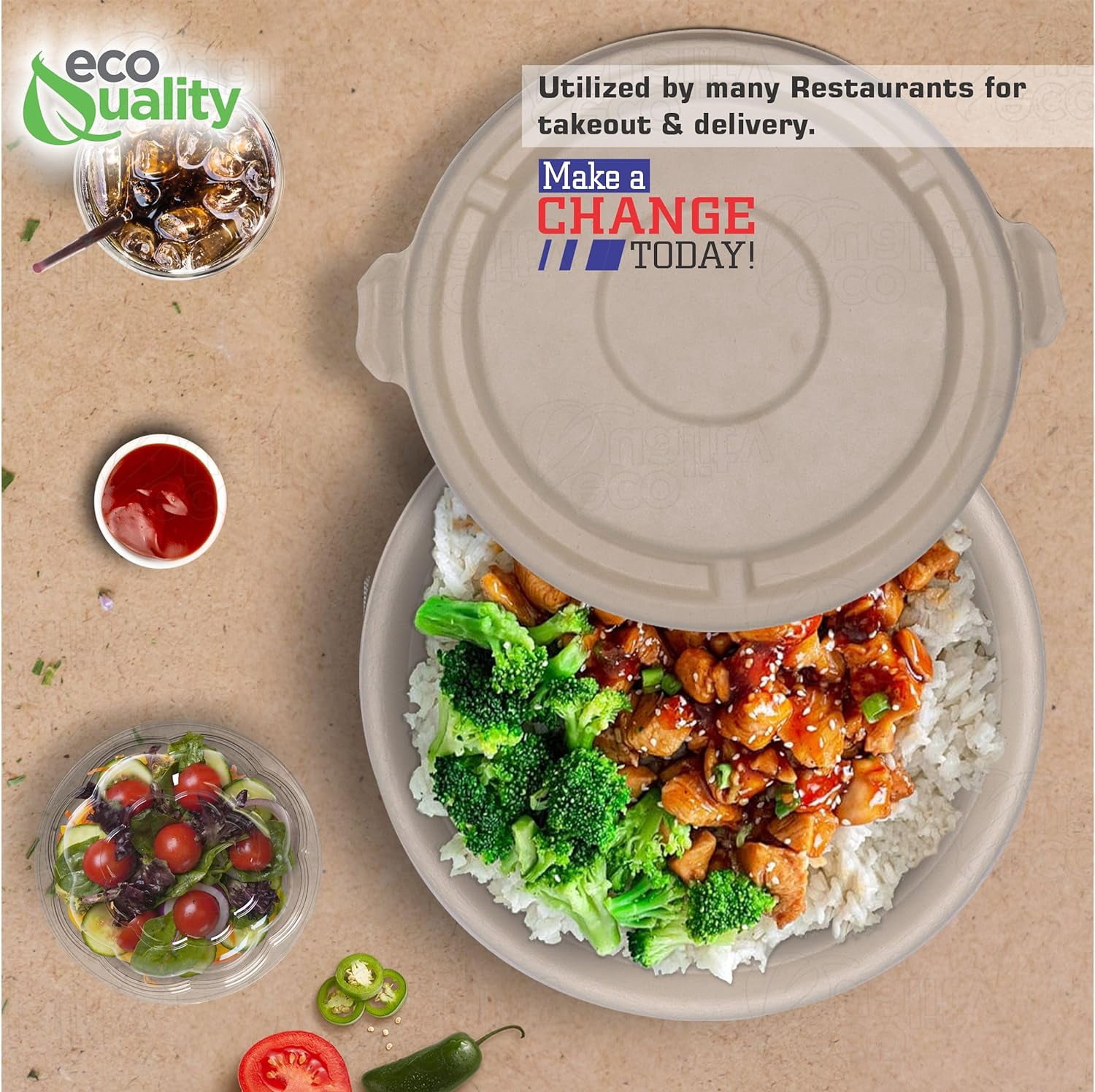 40 oz Round Disposable Compostable Paper Bowls with Fiber Dome Lids - Heavy-Duty, Eco-Friendly Natural Bagasse Unbleached, Heat Resistant, 100% Biodegradable Salad Bowls Alternative to Plastic (25)