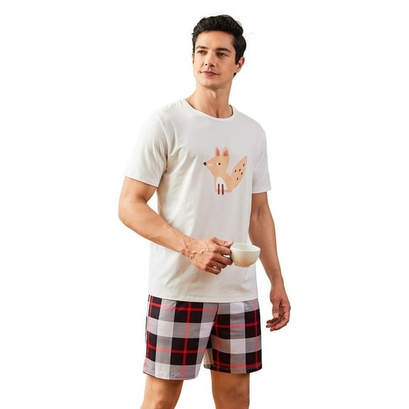 Men's short-sleeved short pants with checkered fun print for casual home wear set