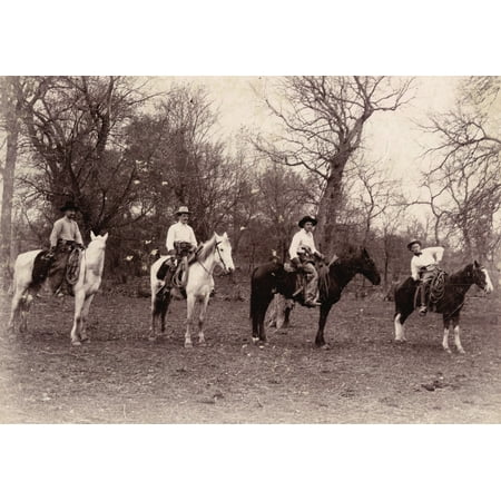 Armed And Duded-Up Cowboys  Features Four Mounted Cowboys Wearing Their Sunday Best And Full Field Gear Including Chaps Holsters Belts Hats Gloves And Lariats Three Of The Men Pictured Proudly Show