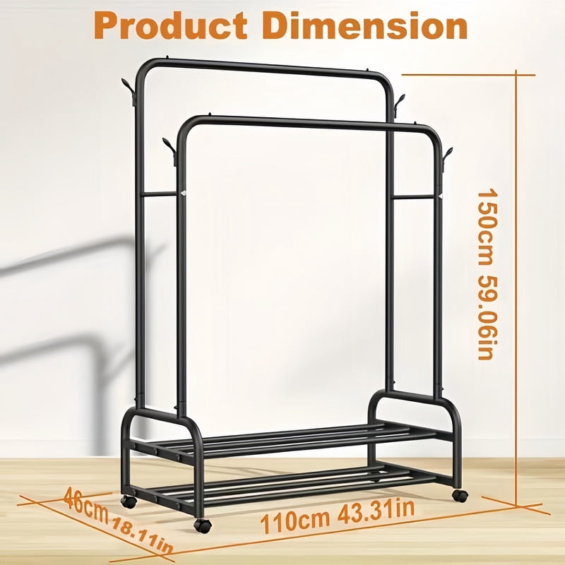 Double-Bar Metal Clothes Hanging Rack, Rolling Storage Shelf with Lockable Universal Wheel, Freestanding Garment Rack