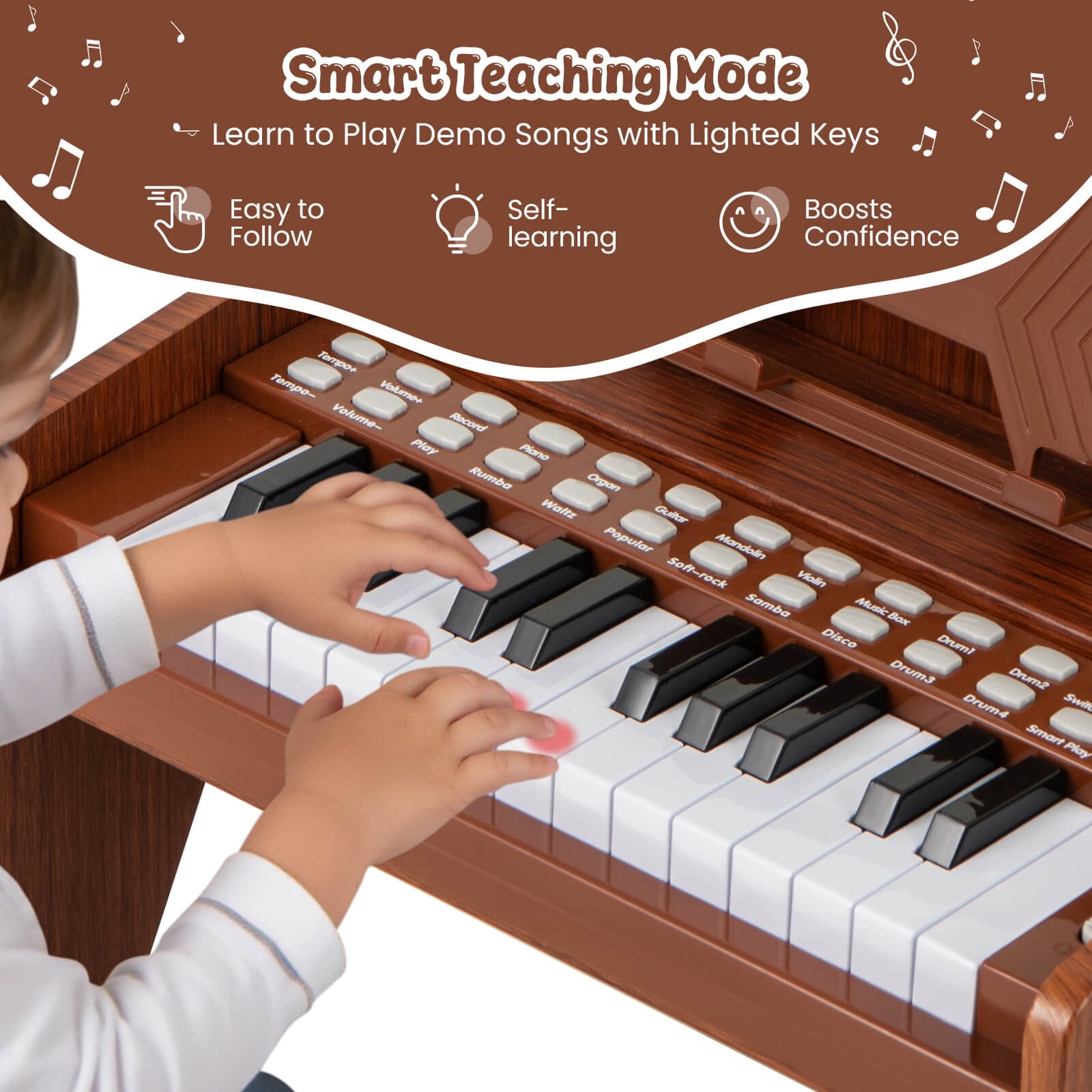 Costway 25 Keys Digital Piano with Music Stand,Teaching Mode,Lighted Keys, Adjustable Speed Brown