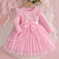 thumbnail image 1 of Vestido de manga larga con cuello redondo para niña, moderno, de color liso, con mangas voladoras, lazo de malla y cinturón., 1 of 8