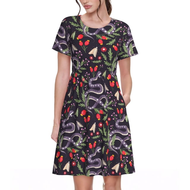 Bixox Robe d'Été à Manches Courtes pour Femmes Robe Ample Longueur Genou avec Poches-Collets et Fruit du Serpent