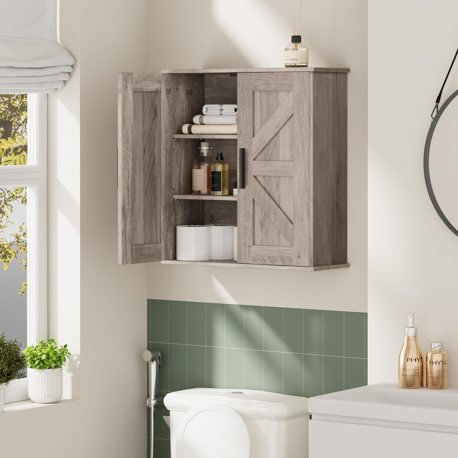 Bathroom Wall Cabinet, Over Toilet Storage Cabinet with Barn Doors and Adjustable Shelves, 3-Tier Medicine Cabinet Wall Mounted, for Bathroom, Kitchen, Entryway, Laundry Room, Greige, (7.9" D)