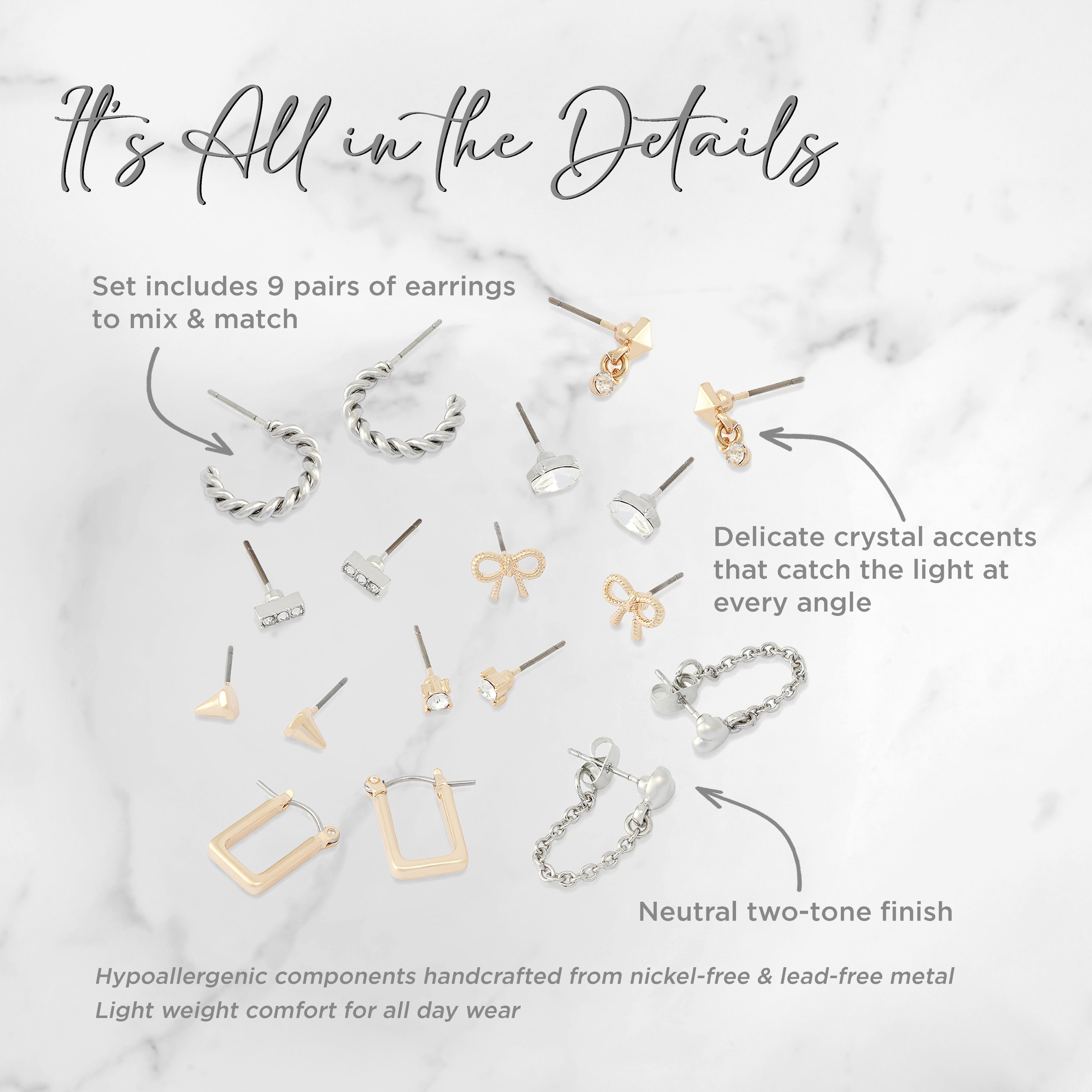 Madden NYC Women's Fashion Crystal Pave Bow Stud & Hoop Earring 9-Piece Set