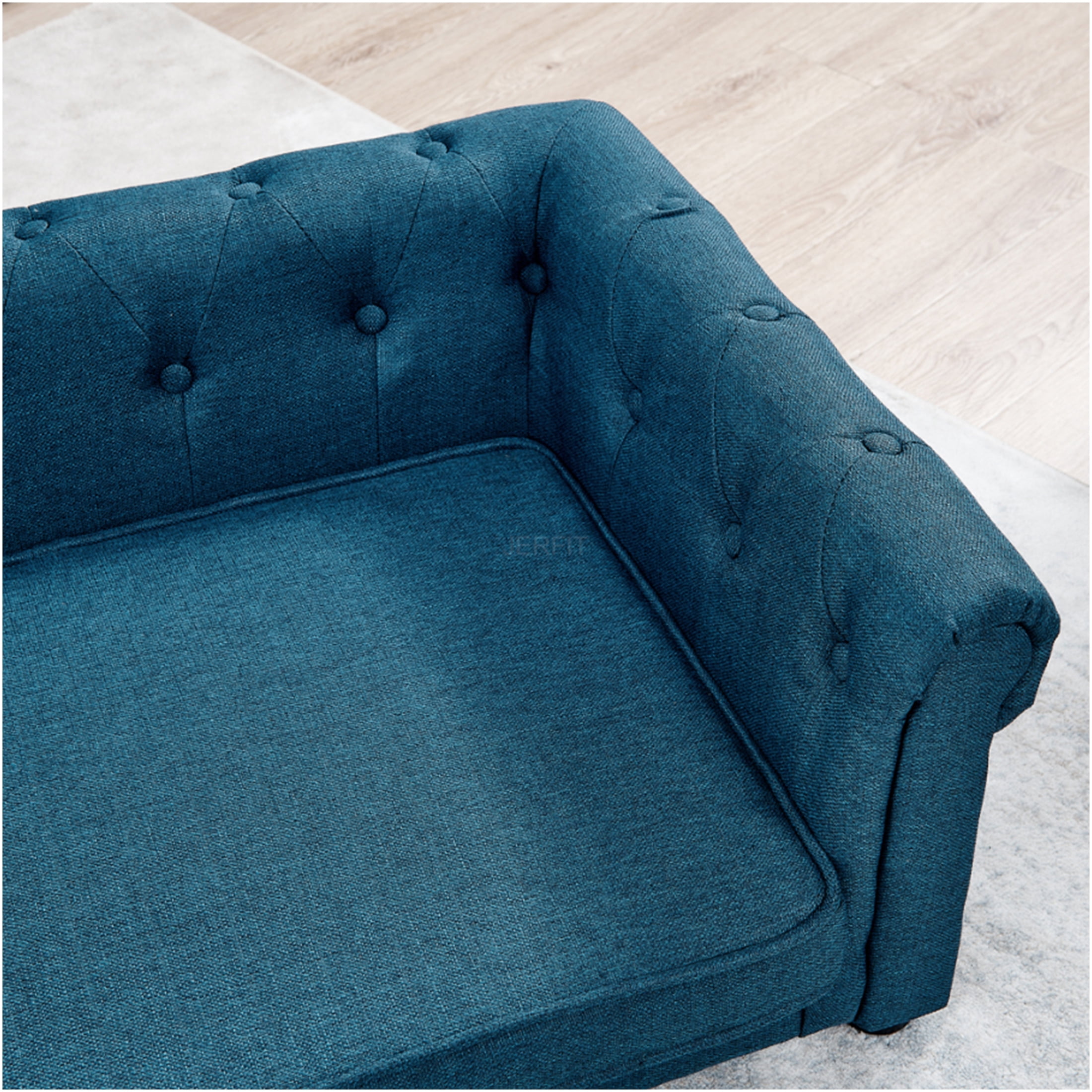 JERFIT Elevated Dog Bed for Small & Medium Dogs, Modern Pet Sofa with Foam Padding, Breathable Blue Fabric, Indoor Pet Furniture, Supports up to 100lbs