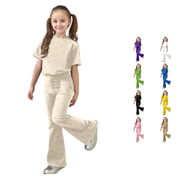 XAOFW Girls Outfits Short Sleeve Bowknot Print Tees Flared Pants Kids Girls Summer Autumn Cute Clothes Sets 9-10 Years