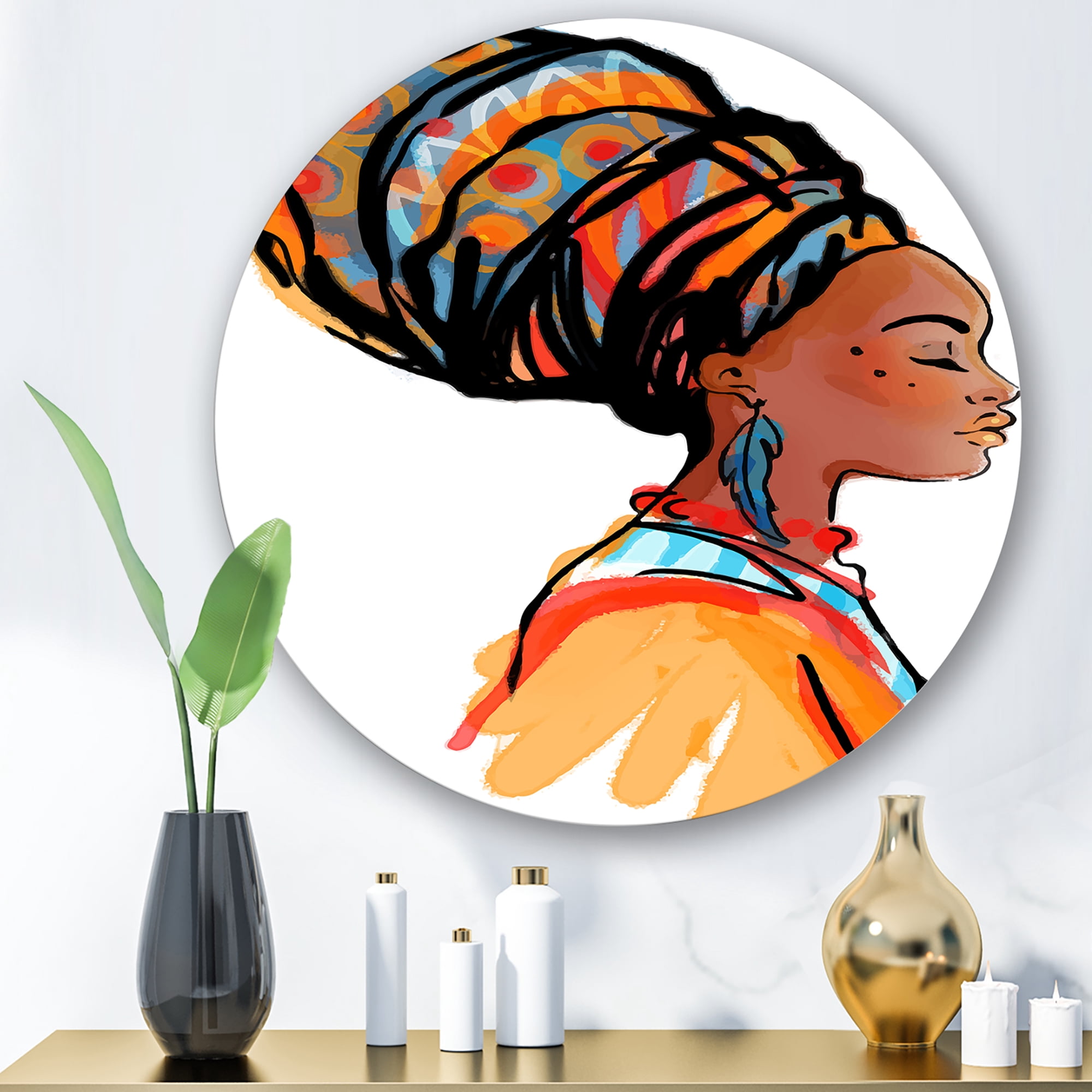 Designart 'Afro American Woman with Turban I' Modern Circle Metal Wall Art 11x11 - Disc of 11